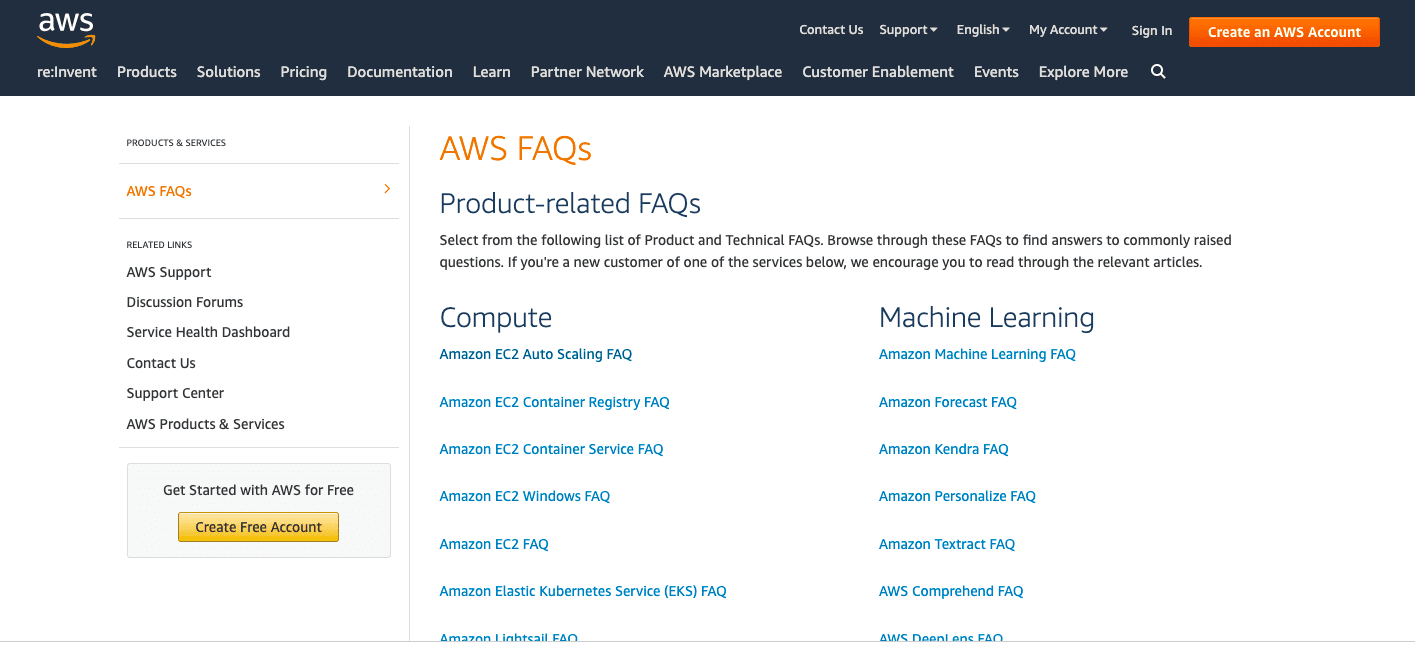 AWS-developer-friendly-FAQ-support-page-example
