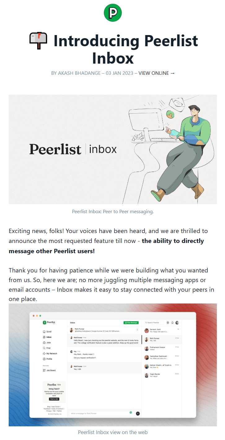 peerlist-new-product-announcement-email-example