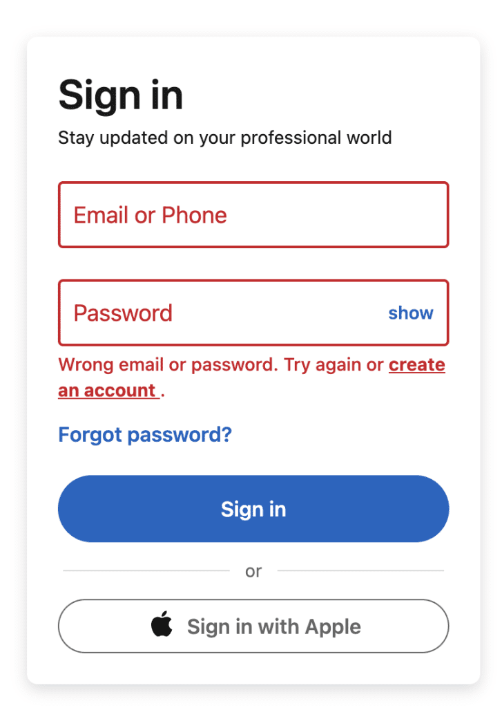 Wrong password screenshot